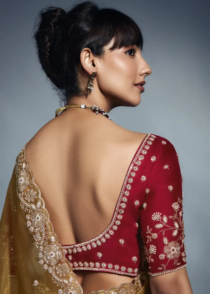 Mustard Yellow Embroidered Organza Saree for Wedding