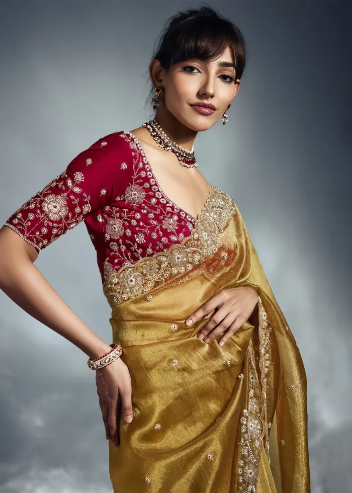 Mustard Yellow Embroidered Organza Saree for Wedding
