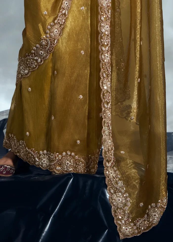 Mustard Yellow Embroidered Organza Saree for Wedding
