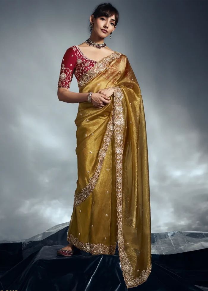 Mustard Yellow Embroidered Organza Saree for Wedding