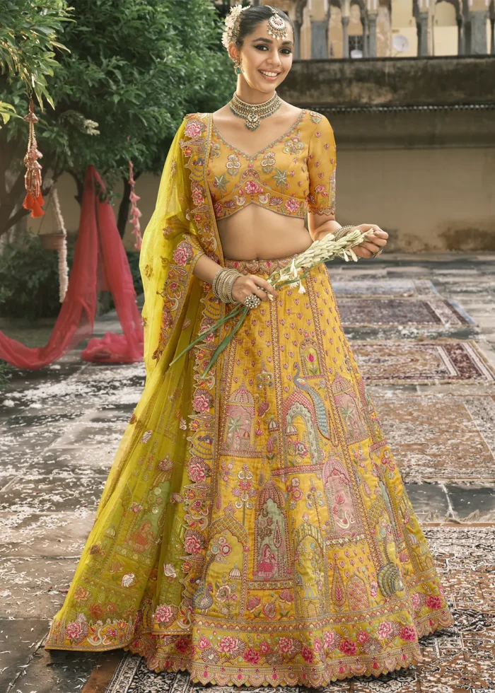 Mustard Yellow Silk Bridal Lehenga with Heavy Embroidery