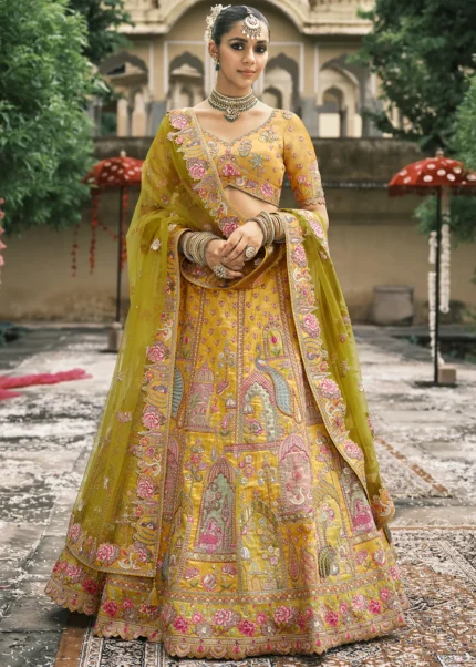 Mustard Yellow Silk Bridal Lehenga with Heavy Embroidery