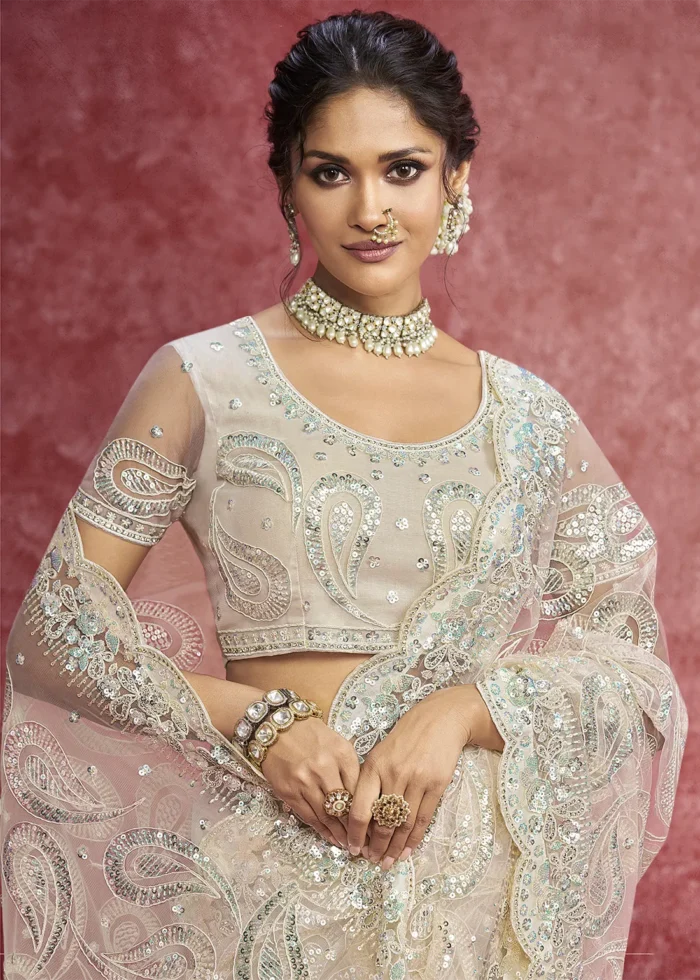 Off White Embroidered Net Saree with Stone Work