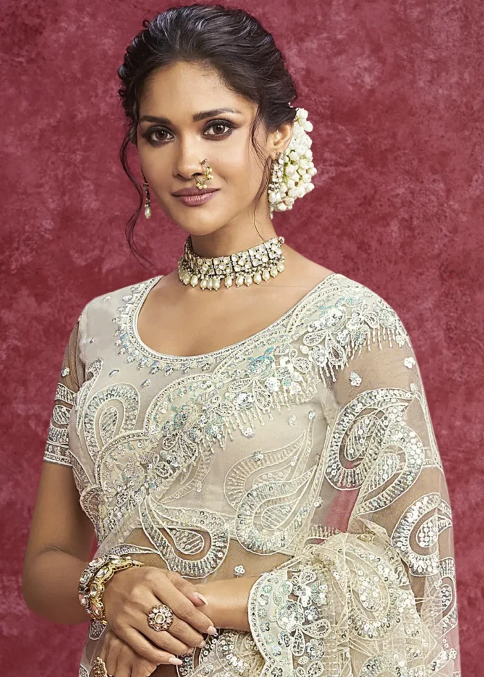 Off White Embroidered Net Saree with Stone Work