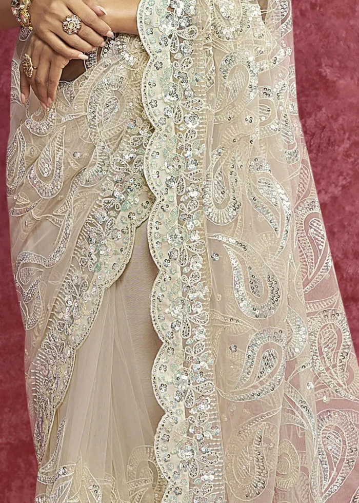 Off White Embroidered Net Saree with Stone Work
