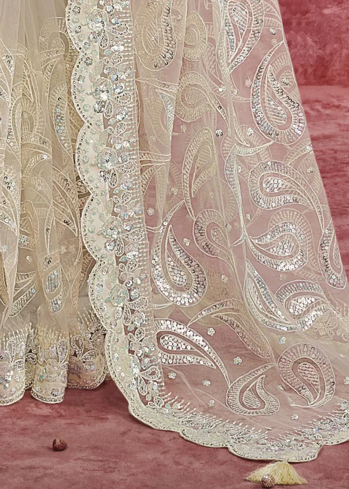 Off White Embroidered Net Saree with Stone Work