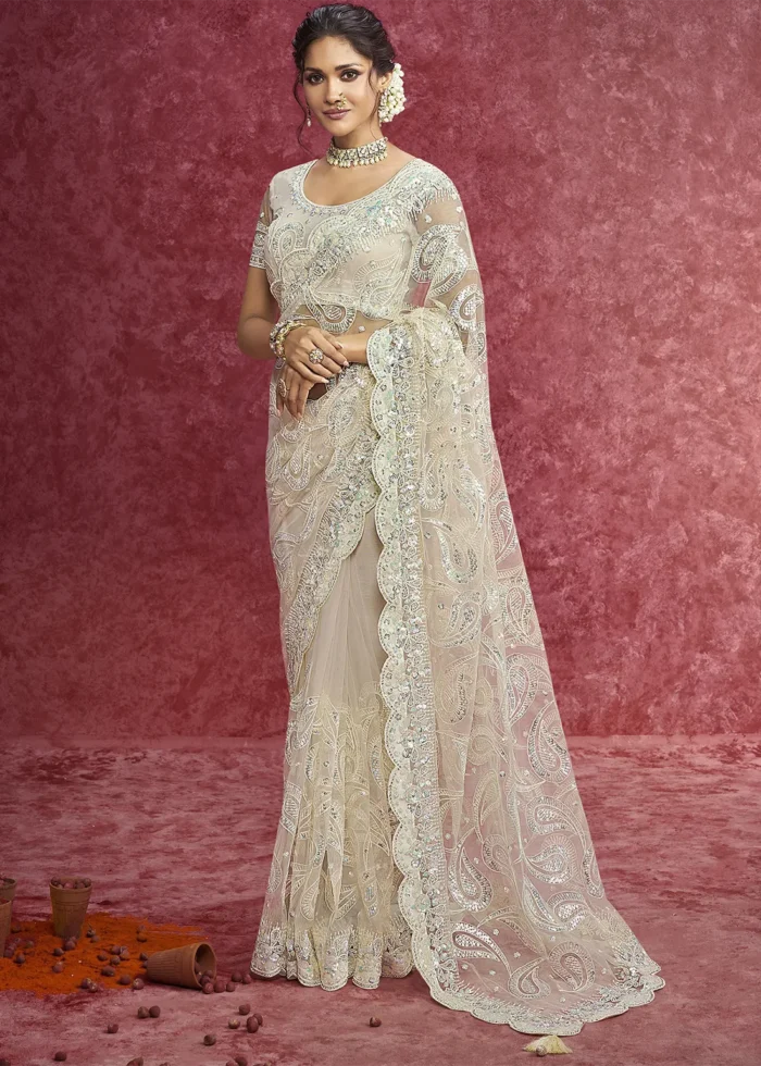 Off White Embroidered Net Saree with Stone Work