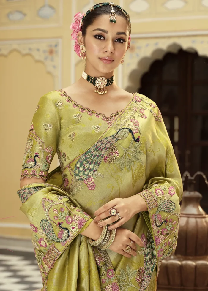 Olive Green Banarasi Silk Saree with Peacock Embroidery