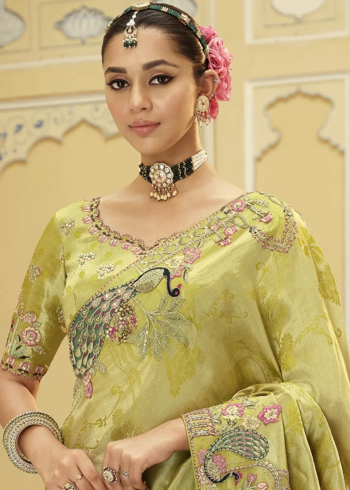 Olive Green Banarasi Silk Saree with Peacock Embroidery