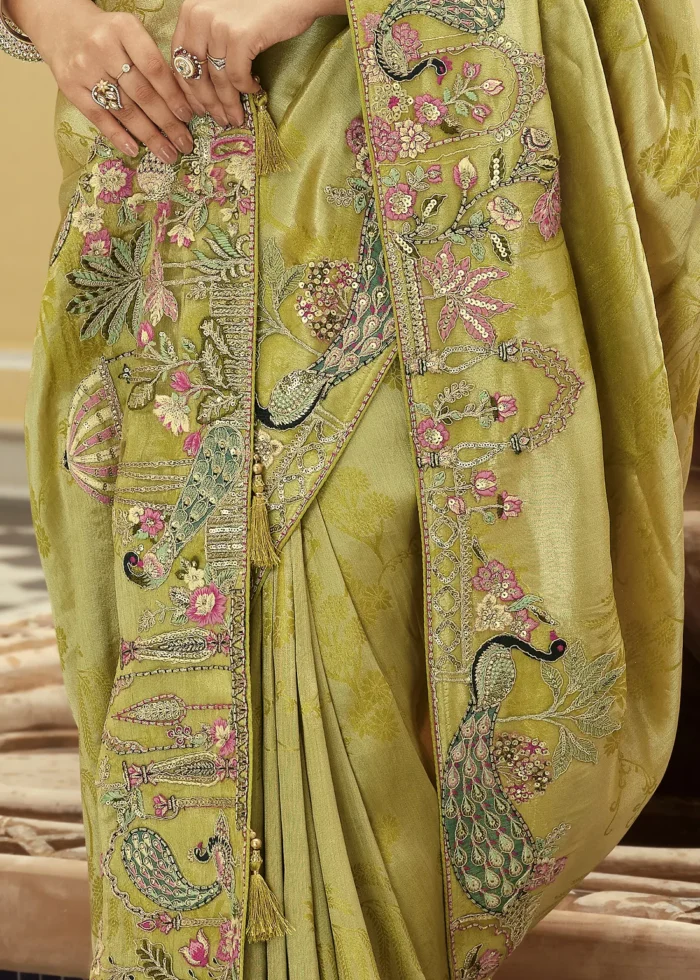 Olive Green Banarasi Silk Saree with Peacock Embroidery