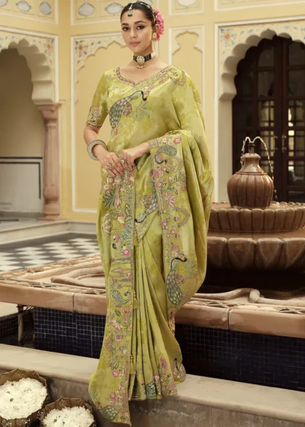 Olive Green Banarasi Silk Saree with Peacock Embroidery