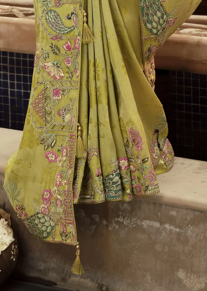 Olive Green Banarasi Silk Saree with Peacock Embroidery