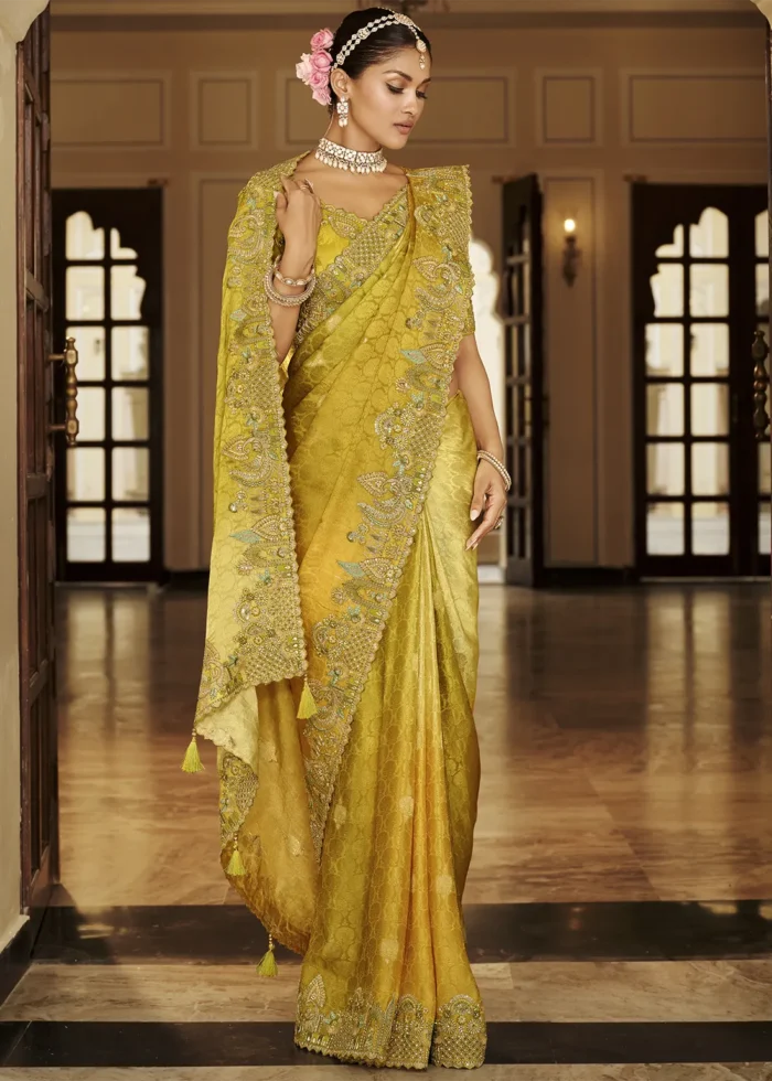 Ombré Yellow Banarasi Silk Saree with Embroidery Work