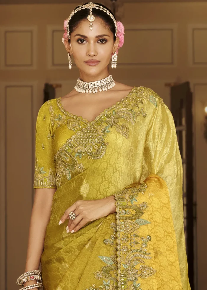 Ombré Yellow Banarasi Silk Saree with Embroidery Work