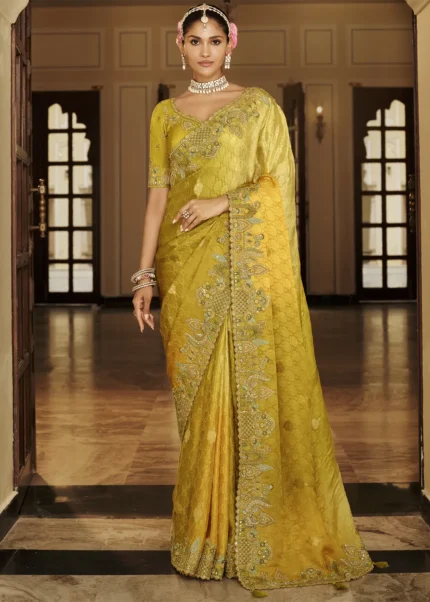 Ombré Yellow Banarasi Silk Saree with Embroidery Work