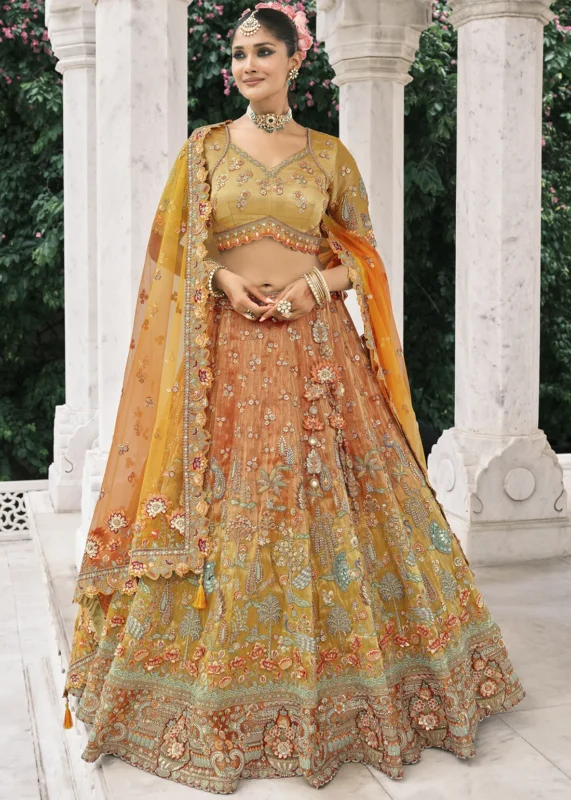 Orange Silk Bridal Lehenga with Heavy Embroidery
