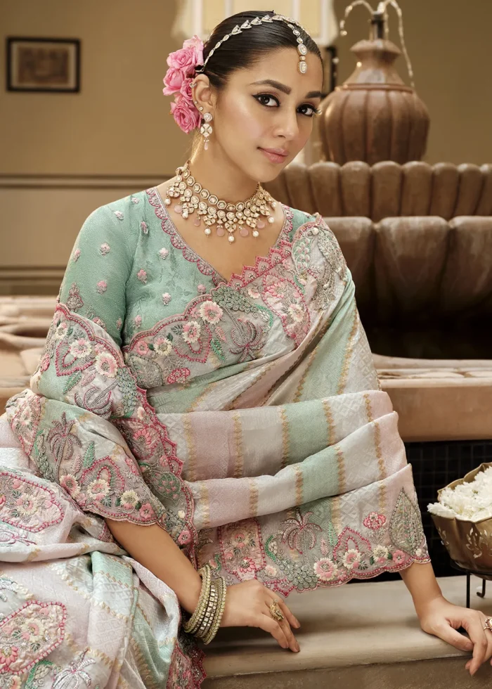 Pastel Striped Banarasi Silk Saree with Floral Embroidery
