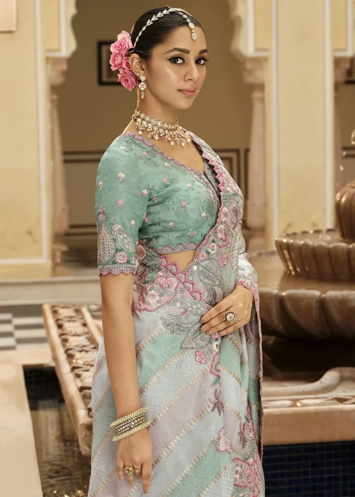 Pastel Striped Banarasi Silk Saree with Floral Embroidery