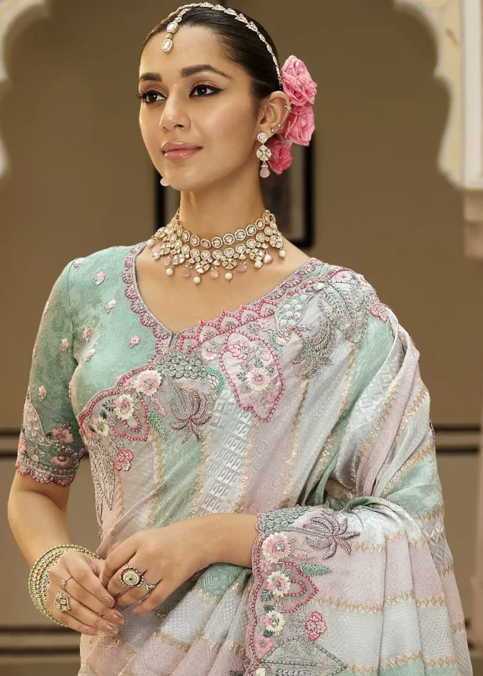 Pastel Striped Banarasi Silk Saree with Floral Embroidery