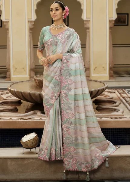 Pastel Striped Banarasi Silk Saree with Floral Embroidery