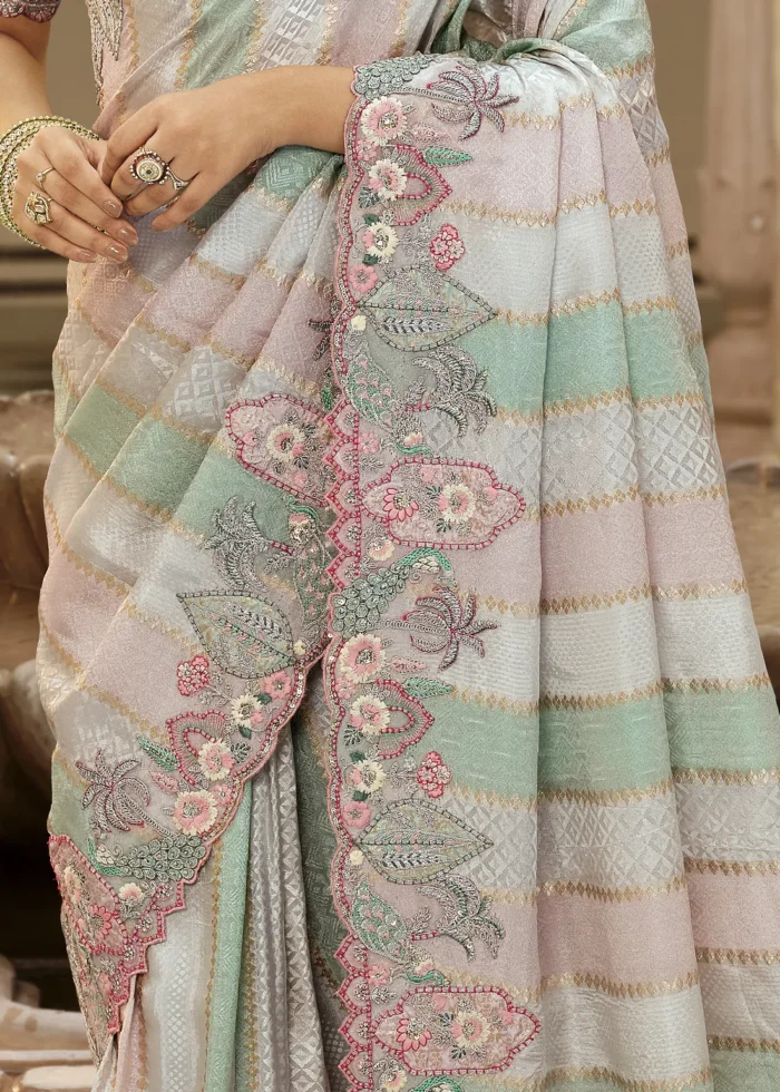 Pastel Striped Banarasi Silk Saree with Floral Embroidery