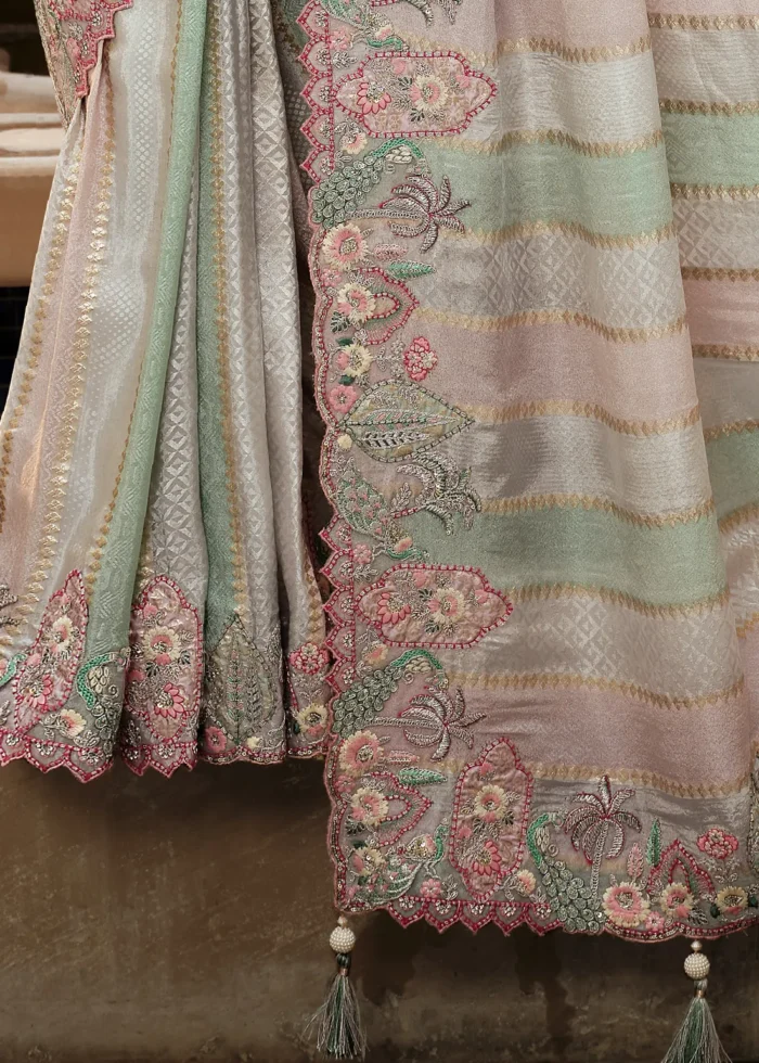 Pastel Striped Banarasi Silk Saree with Floral Embroidery