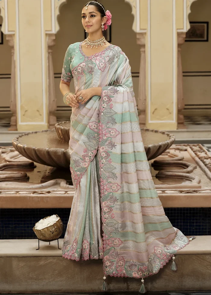Pastel Striped Banarasi Silk Saree with Floral Embroidery