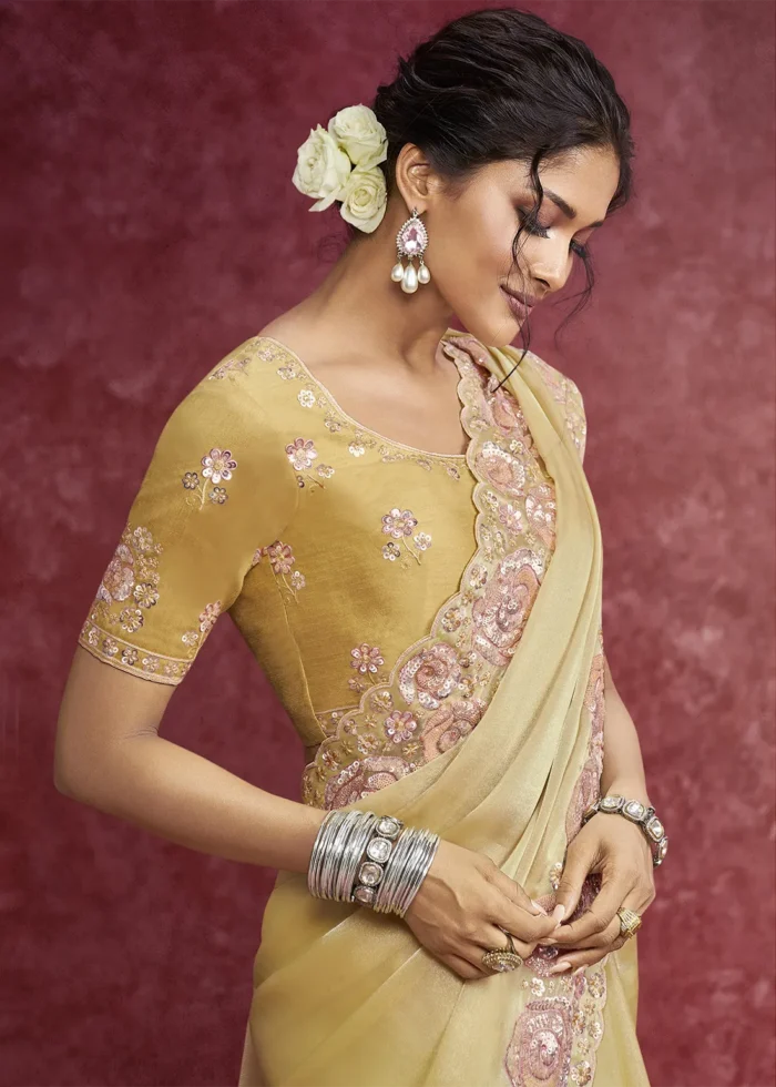 Pastel Yellow Embroidered Dola Silk Saree with Stone Work