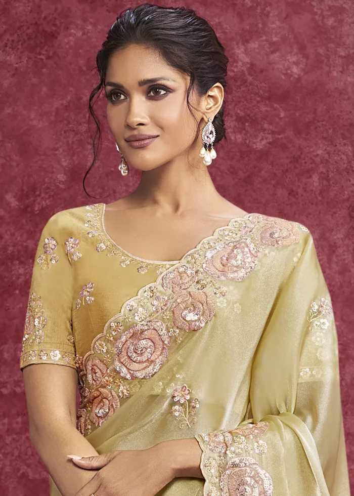 Pastel Yellow Embroidered Dola Silk Saree with Stone Work