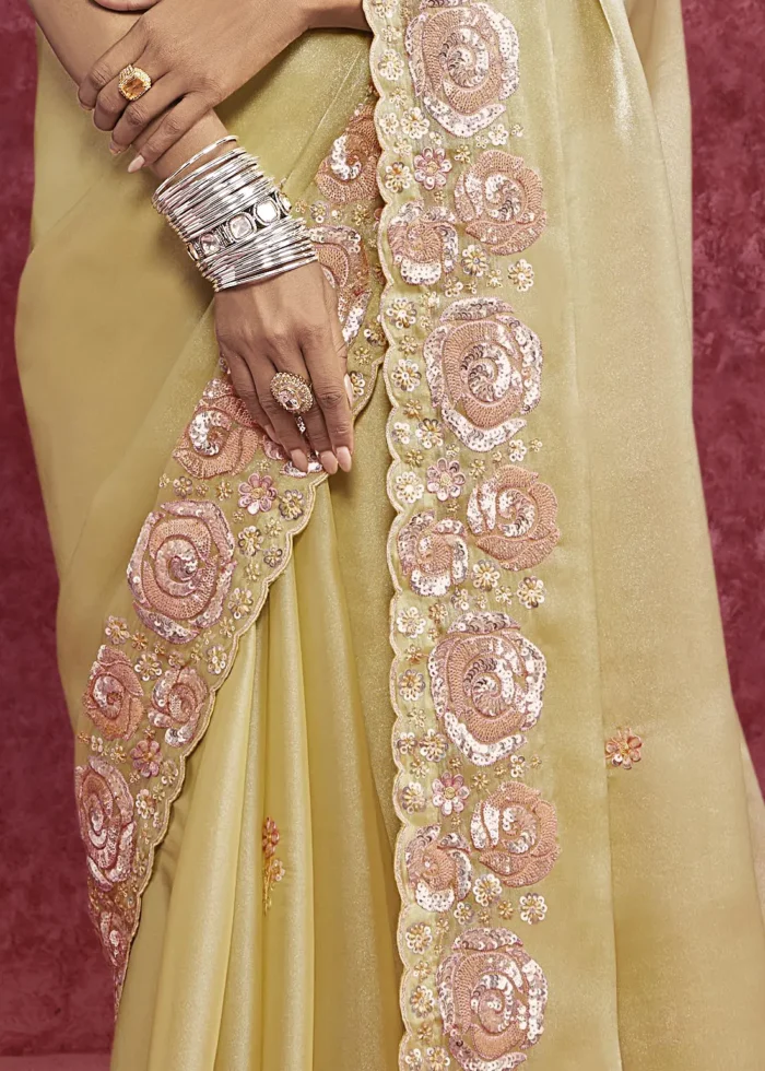 Pastel Yellow Embroidered Dola Silk Saree with Stone Work