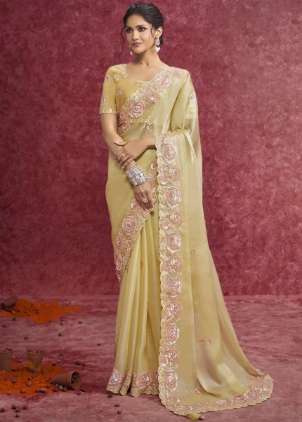 Pastel Yellow Embroidered Dola Silk Saree with Stone Work