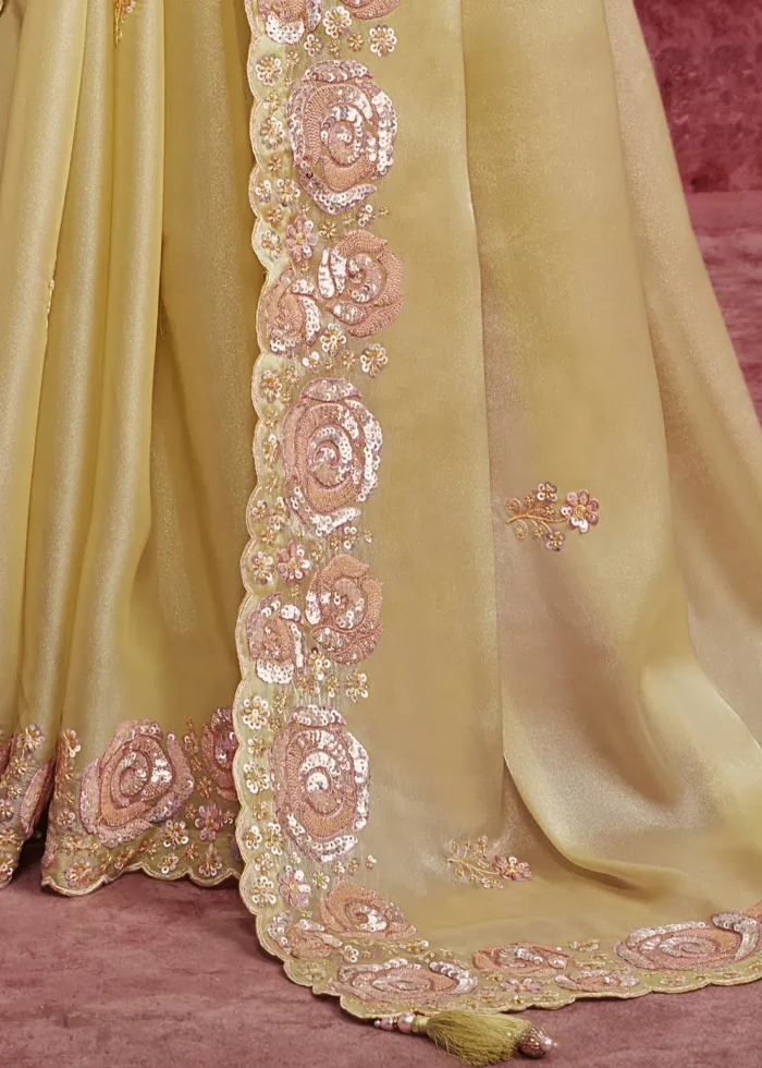 Pastel Yellow Embroidered Dola Silk Saree with Stone Work