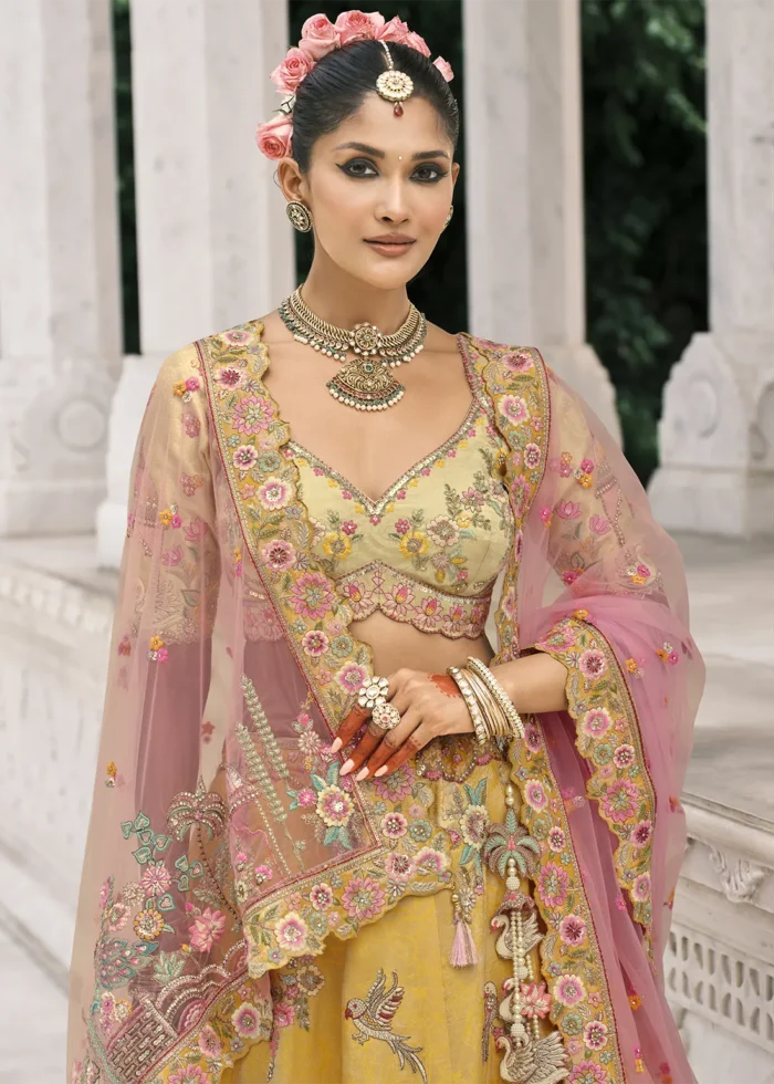 Pastel Yellow Silk Bridal Lehenga with Heavy Embroidery