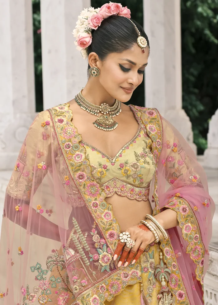 Pastel Yellow Silk Bridal Lehenga with Heavy Embroidery