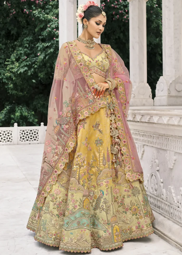 Pastel Yellow Silk Bridal Lehenga with Heavy Embroidery