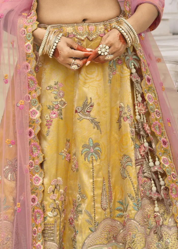 Pastel Yellow Silk Bridal Lehenga with Heavy Embroidery