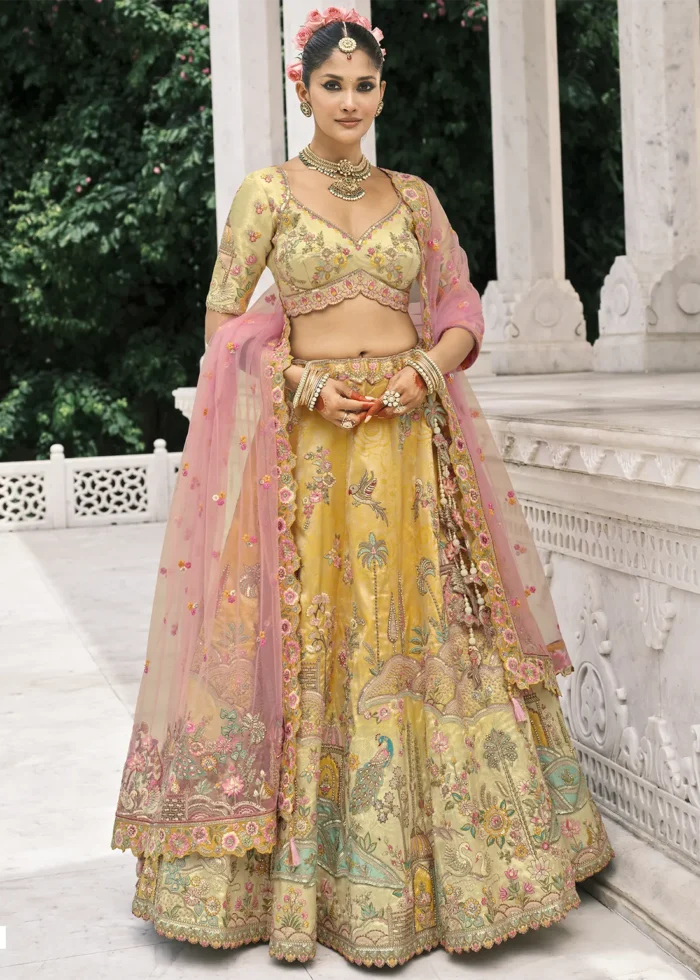 Pastel Yellow Silk Bridal Lehenga with Heavy Embroidery