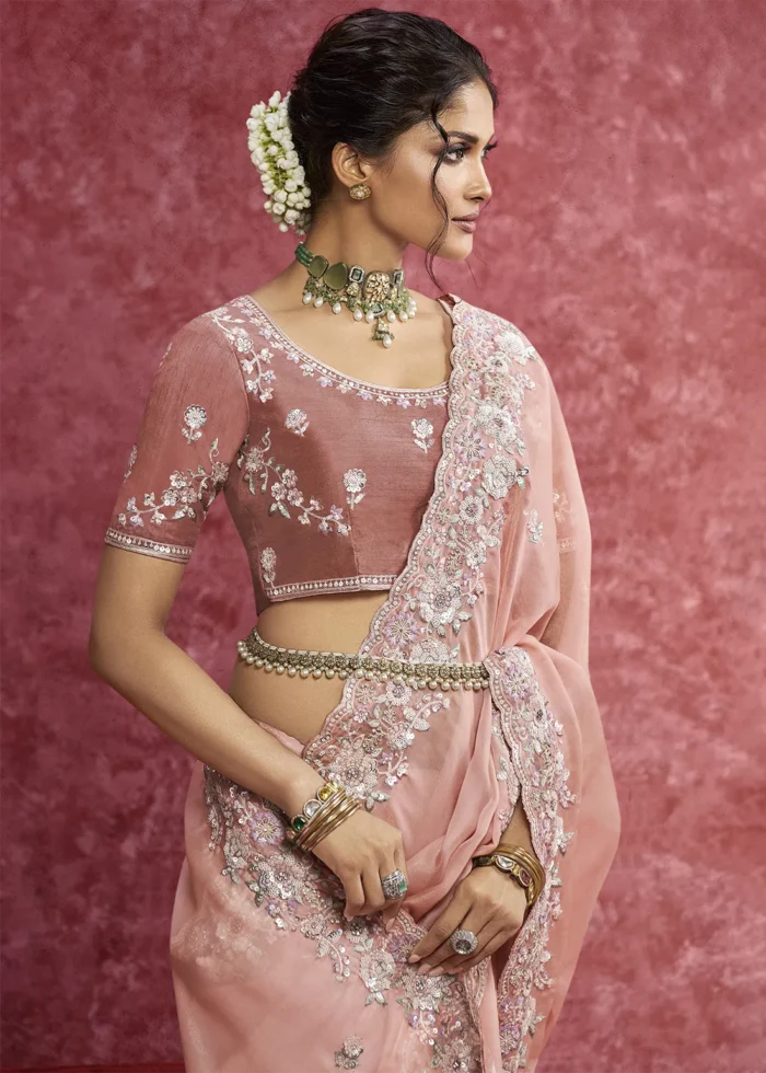 Peach Embroidered Dola Silk Saree with Stone Work
