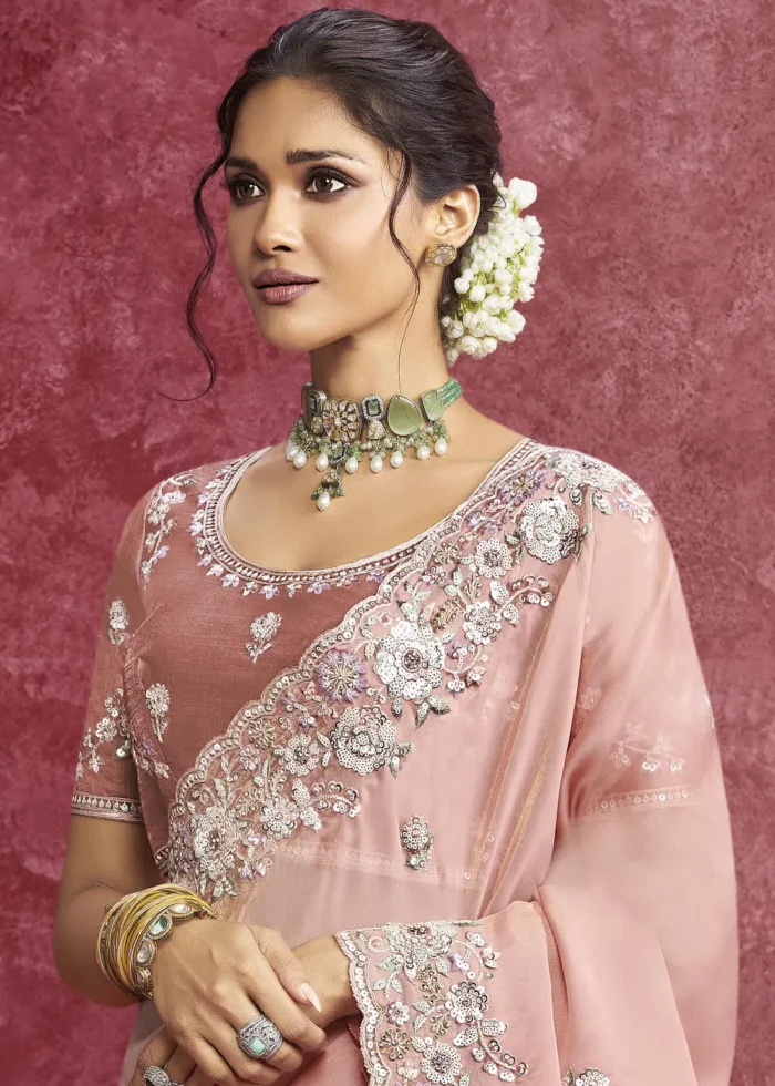 Peach Embroidered Dola Silk Saree with Stone Work