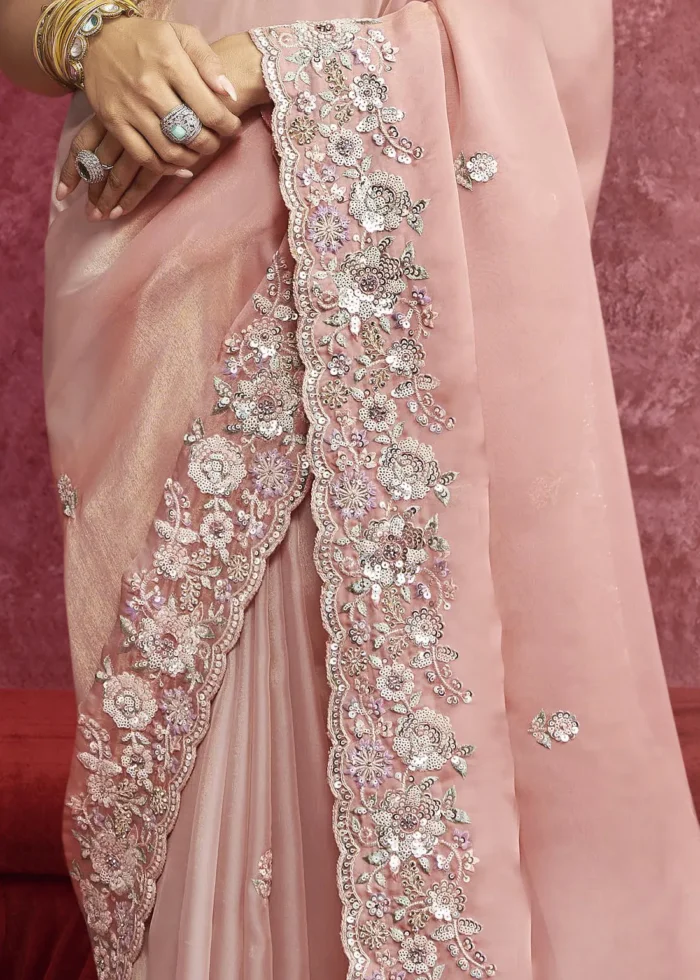 Peach Embroidered Dola Silk Saree with Stone Work