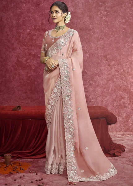 Peach Embroidered Dola Silk Saree with Stone Work