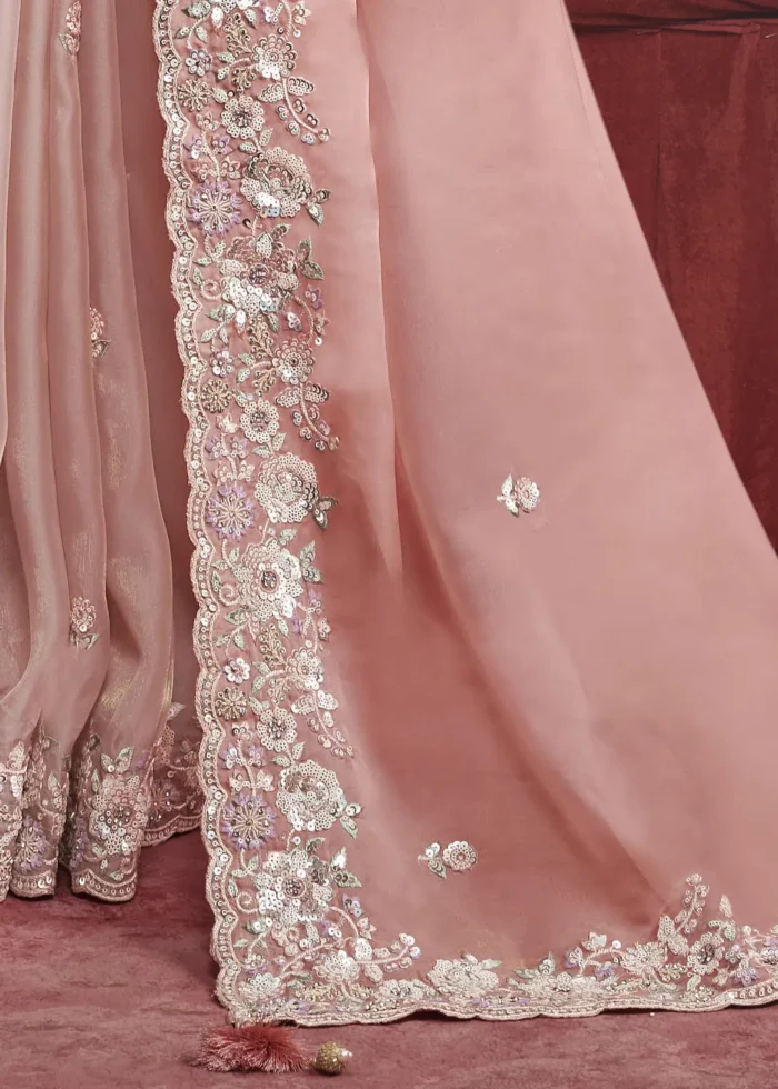 Peach Embroidered Dola Silk Saree with Stone Work
