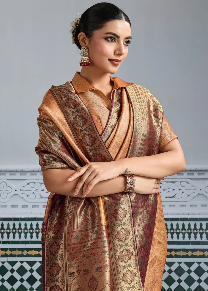 Peach Kanjivaram Silk Saree with Meenakari