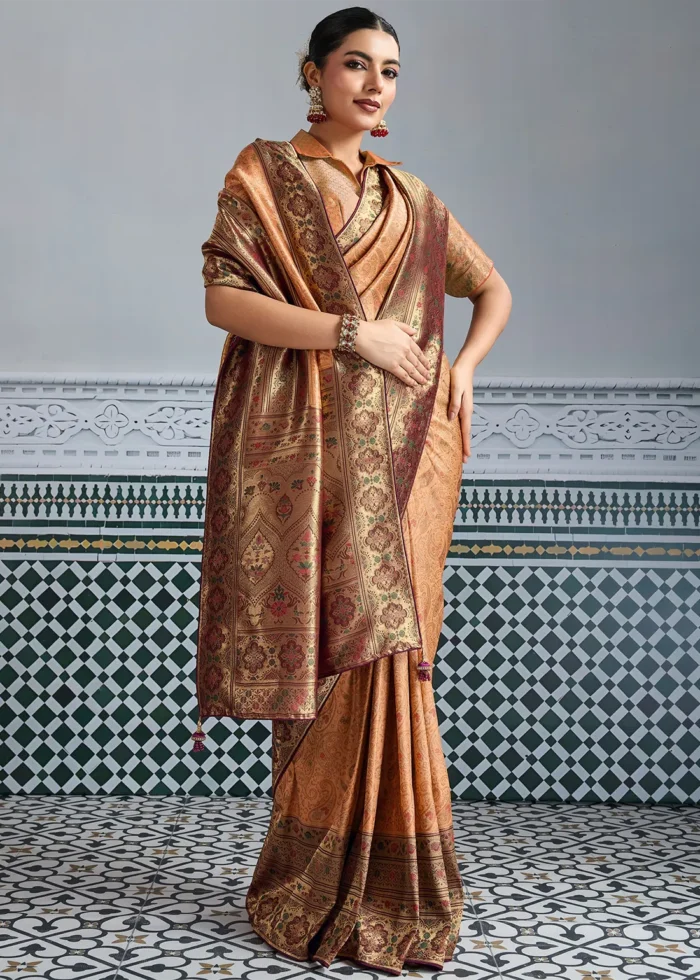 Peach Kanjivaram Silk Saree with Meenakari