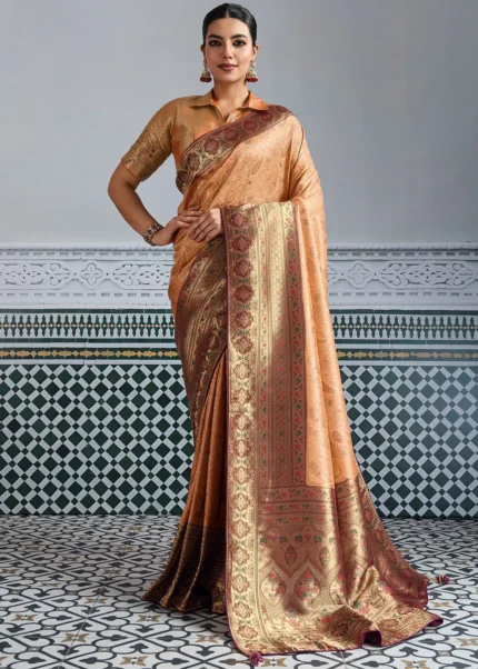 Peach Kanjivaram Silk Saree with Meenakari
