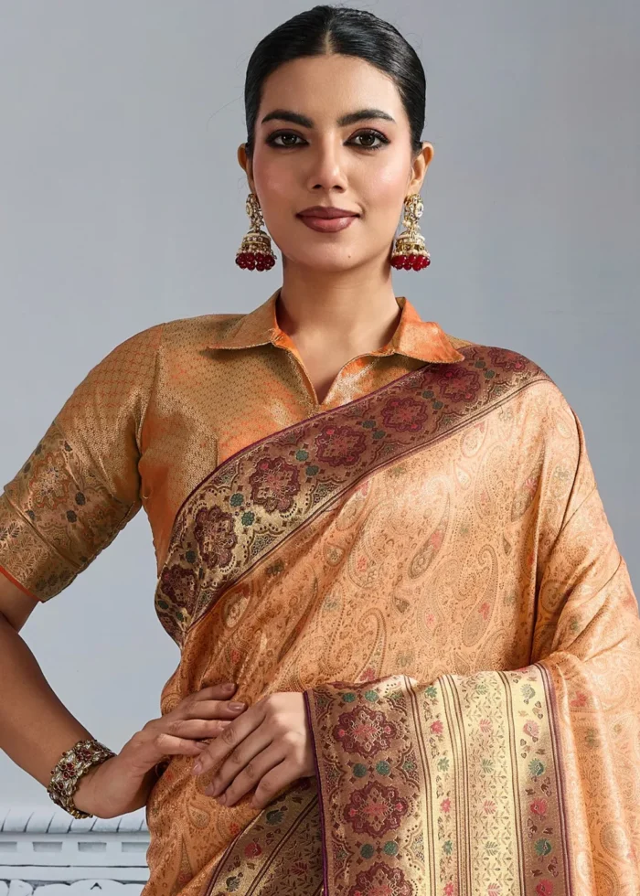 Peach Kanjivaram Silk Saree with Meenakari