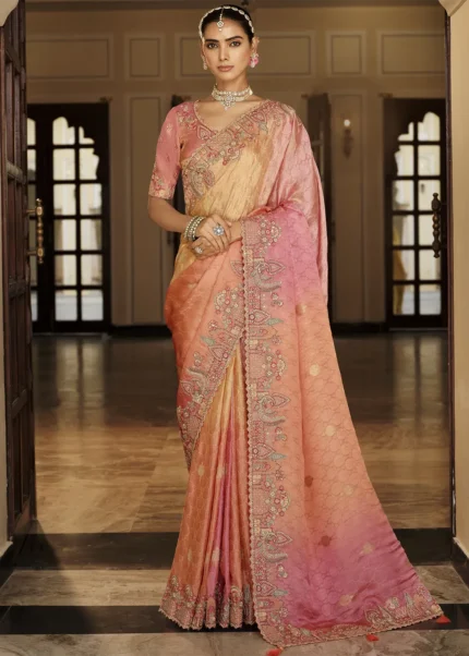 Peach & Pink Banarasi Silk Saree with Embroidery Work