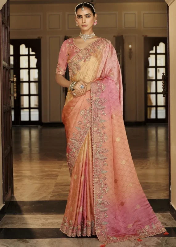 Peach & Pink Banarasi Silk Saree with Embroidery Work