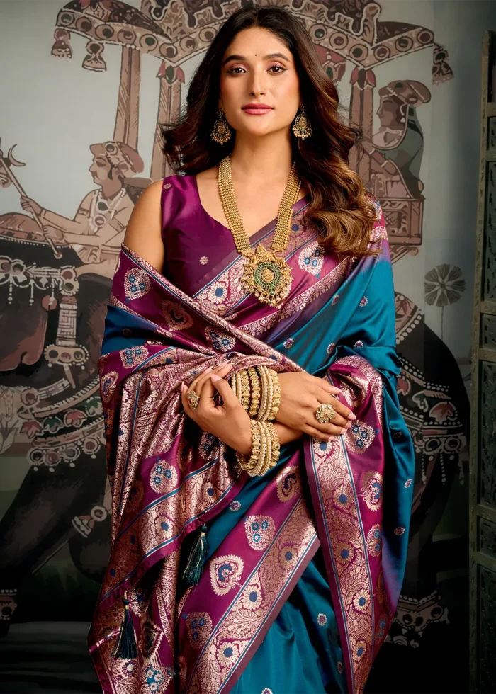 Peacock Blue Banarasi Silk Saree with Wine Blouse
