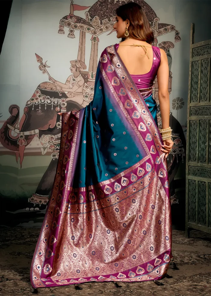 Peacock Blue Banarasi Silk Saree with Wine Blouse